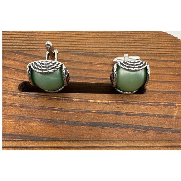 Vintage Swank Cuff Links Silver Mint Green Stone 1960s - Picture 6 of 8
